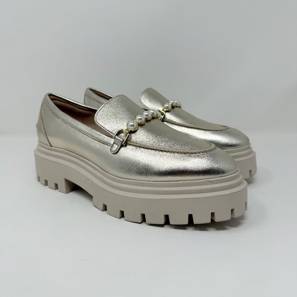 New Stuart Weitzman Perla Ultra Lug Sole Loafers Platino Gold Sz 7 - Picture 4 of 14